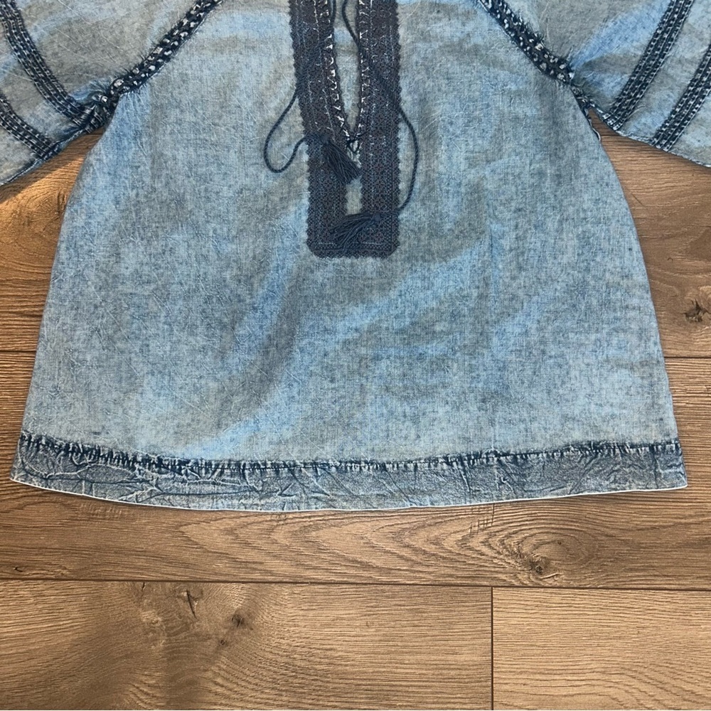 Faherty Blue Denim Women's Blouse with Tassels Size Small Organic Cotton - Picture 5 of 6